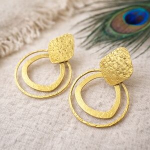 Hammered Brass Double Hoop Earrings Boho Statement Geometric Gold Dangle Jewelry